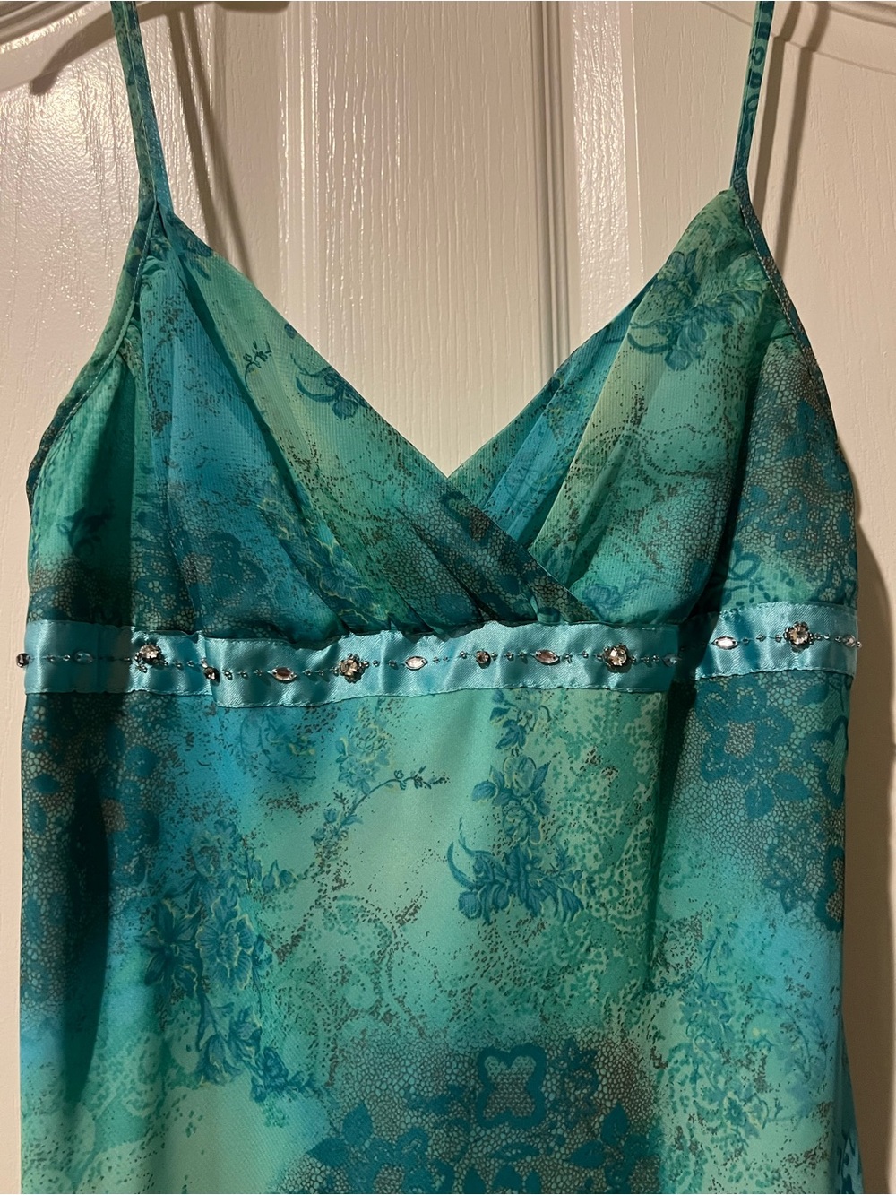 Silky Teal Floral Slip Dress with Spaghetti Straps - Picture 3 of 6